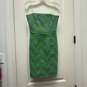Beth Bowley green & blue textured strapless dress